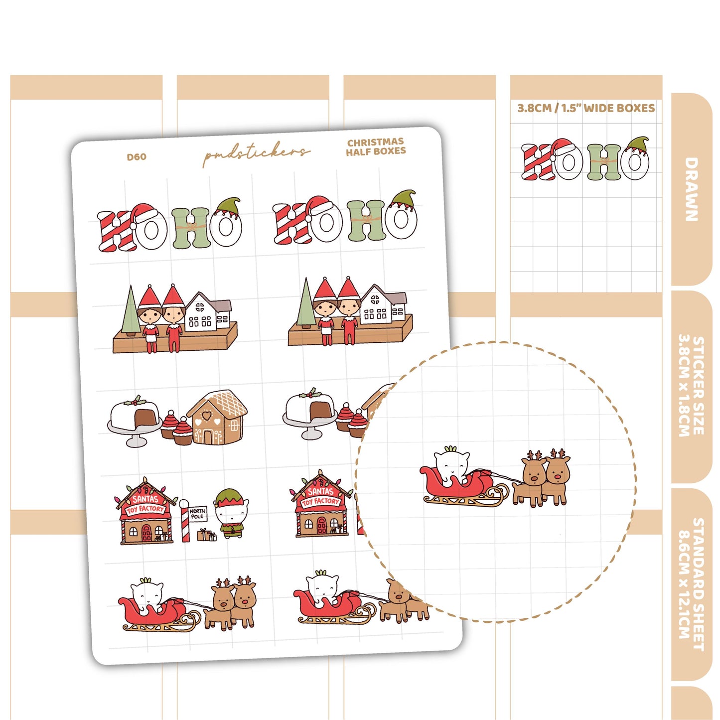 Christmas Half Box Stickers | Drawn Planner Stickers | D60