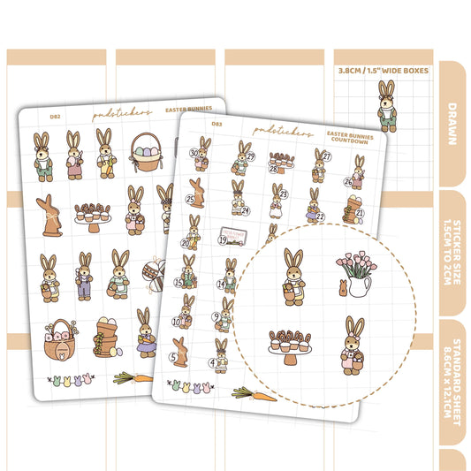Easter Bunnies & Countdown Stickers | Drawn Planner Stickers | D82-83