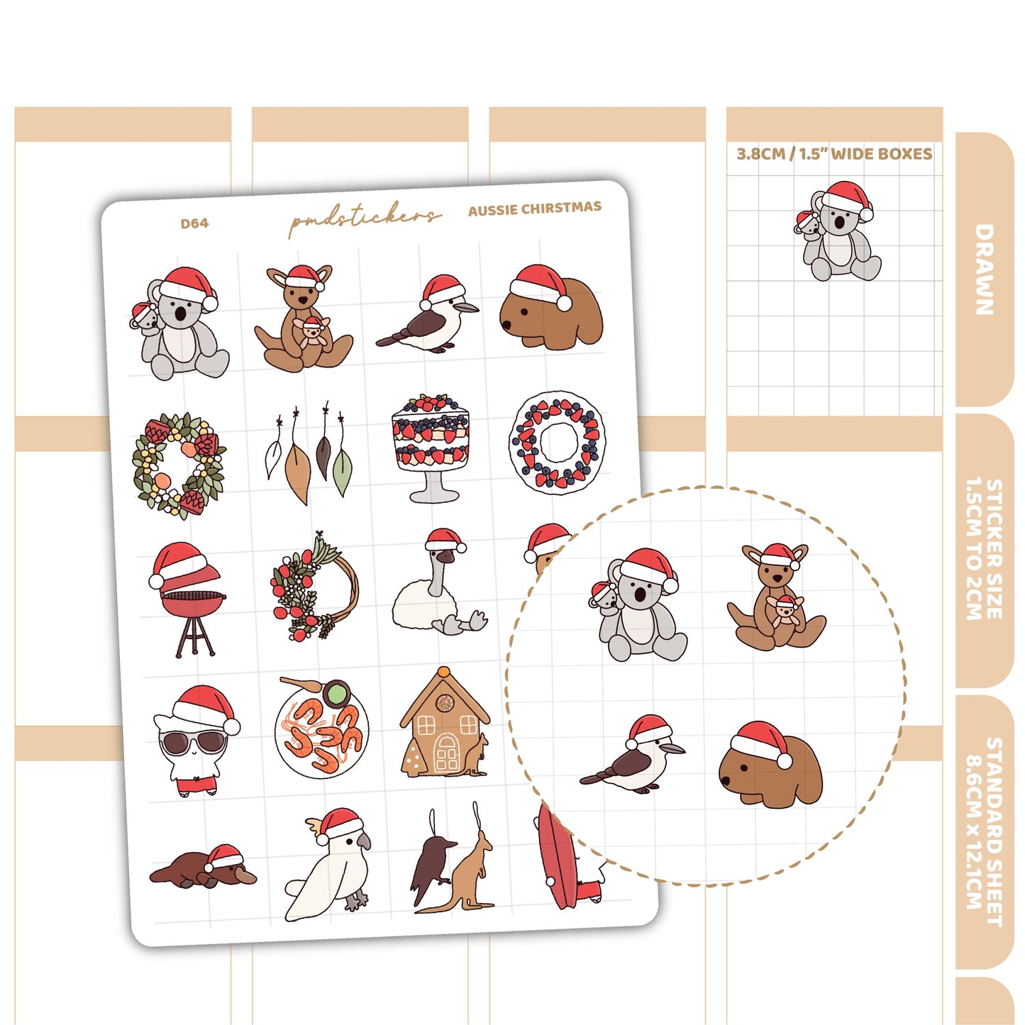 Christmas Aussie Stickers | Drawn Planner Stickers | D64