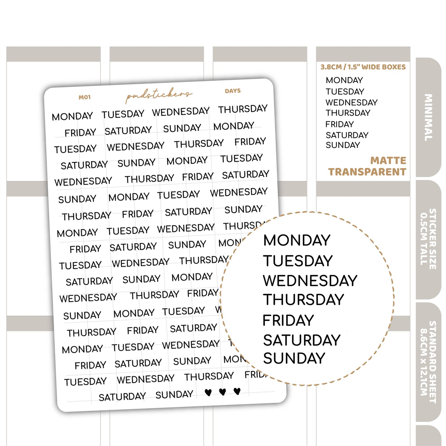 Days Minimal Font Stickers | Minimal Planner Stickers | M01