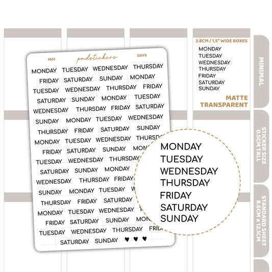 Days Minimal Font Stickers | Minimal Planner Stickers | M01