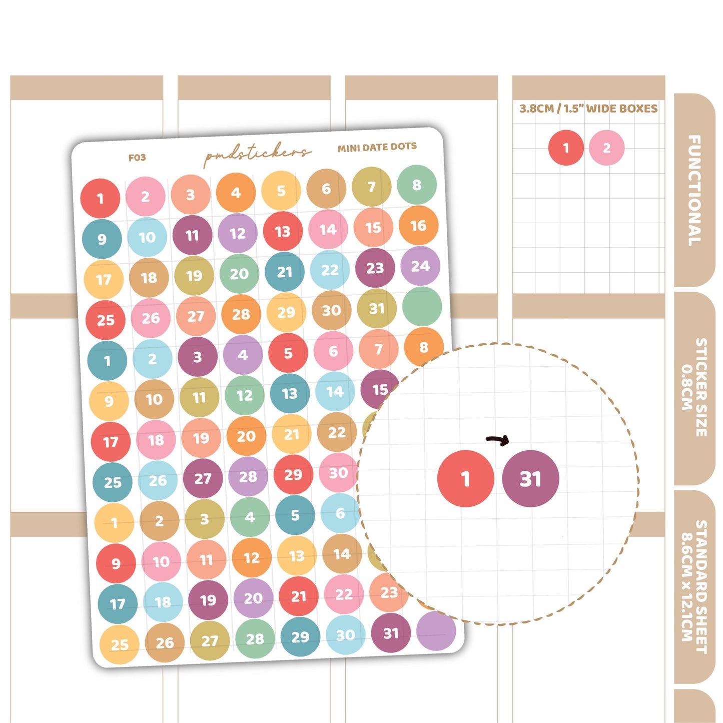 Mini Date (1-31) Dot Stickers | Functional Planner Stickers | F03