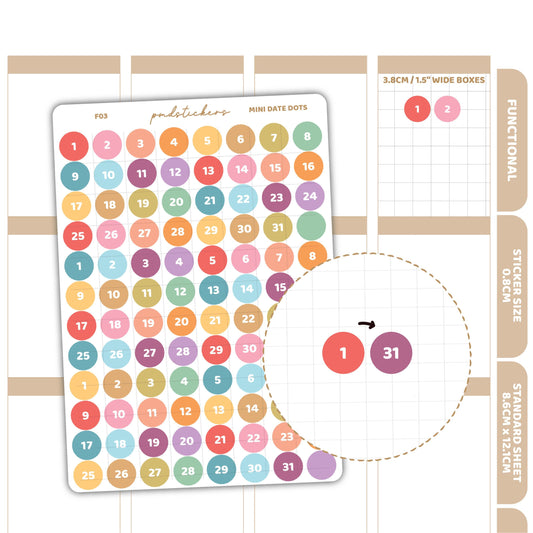 Mini Date (1-31) Dot Stickers | Functional Planner Stickers | F03