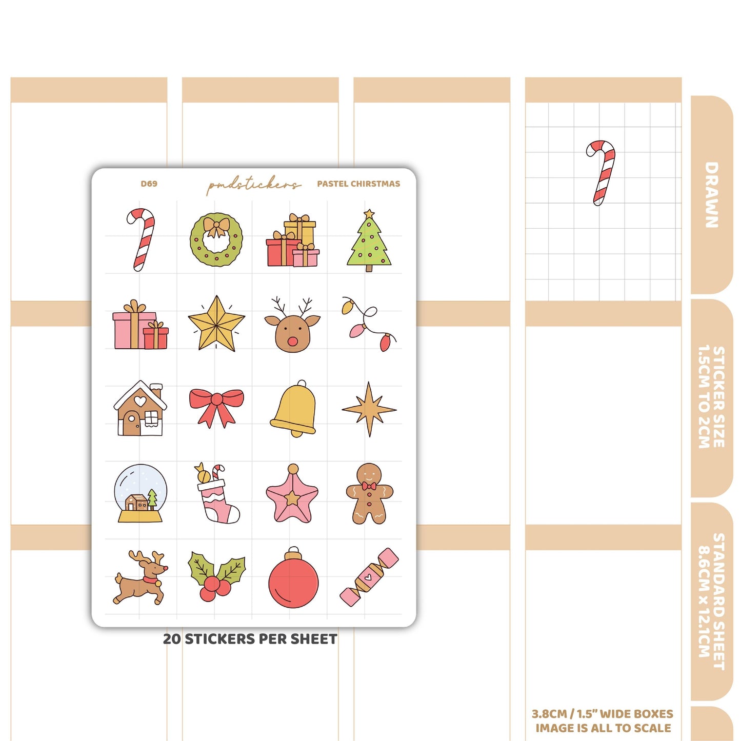 Christmas Pastel Stickers | Drawn Planner Stickers | D69