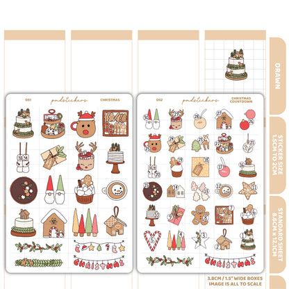 Christmas & Countdown Stickers | Drawn Planner Stickers | D51-52