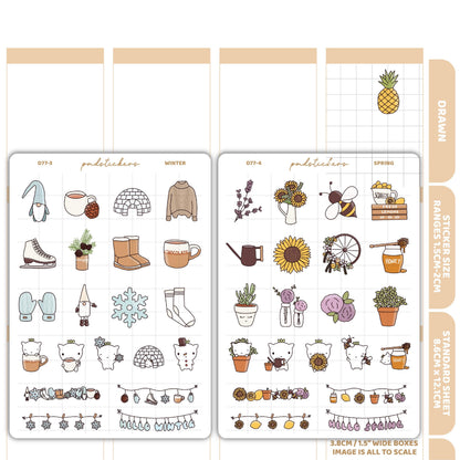 Season Stickers | Summer, Autumn/Fall, Winter & Spring | Drawn Planner Stickers | D77