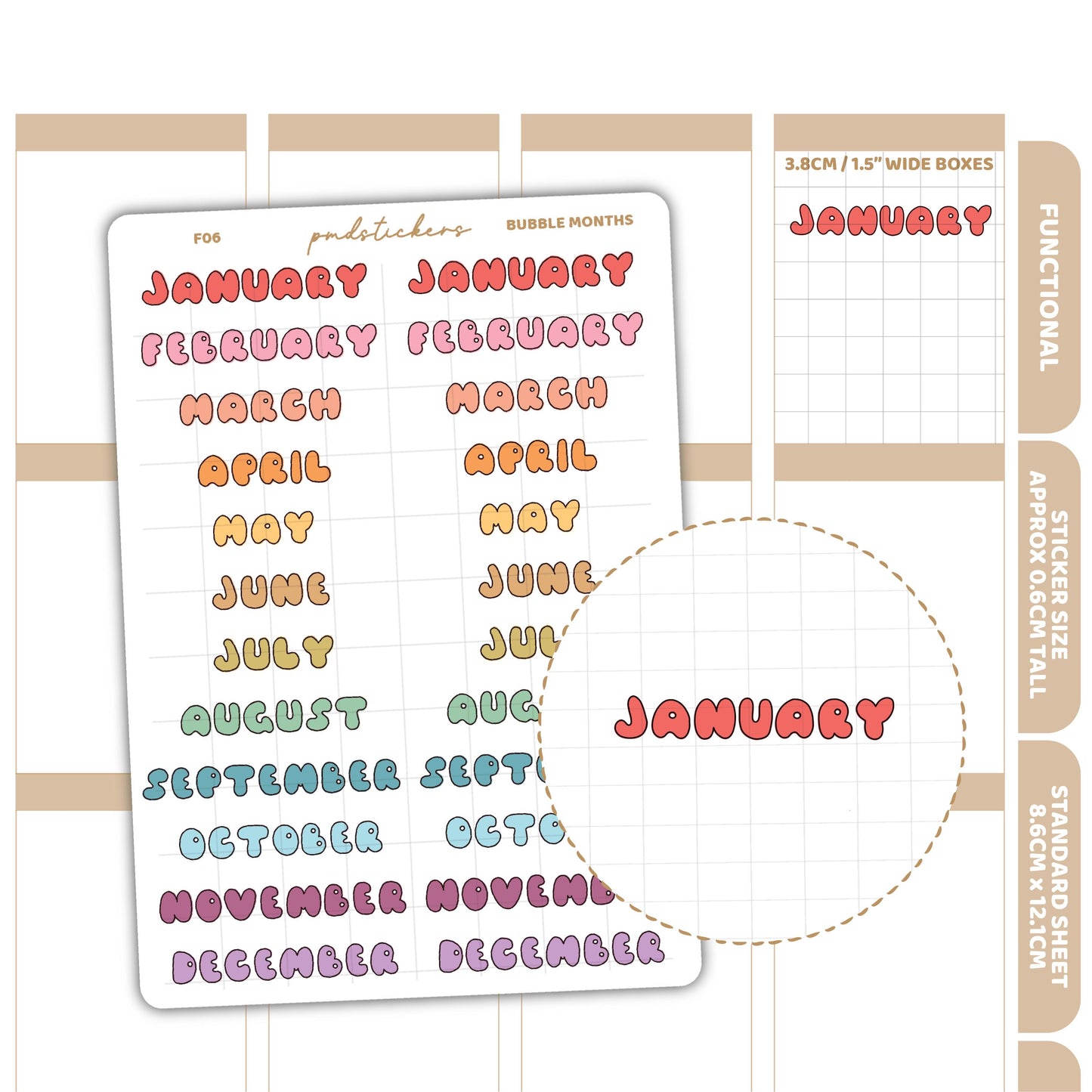 Bubble Months Stickers | Functional Planner Stickers | F06