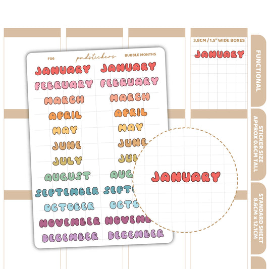 Bubble Months Stickers | Functional Planner Stickers | F06