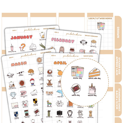 Wacky January, February, March & April Stickers | Drawn Planner Stickers | D41(4)