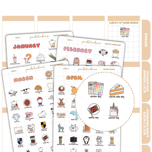 Wacky January, February, March & April Stickers | Drawn Planner Stickers | D41(4)