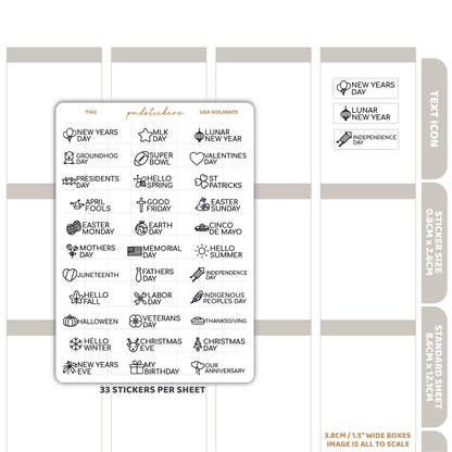 USA Holidays Text Icon Stickers | Minimal Planner Stickers | TI42
