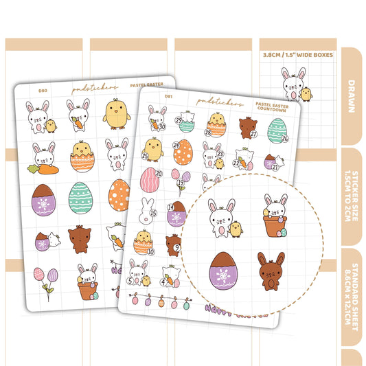 Easter Pastel & Countdown Stickers | Drawn Planner Stickers | D80-81