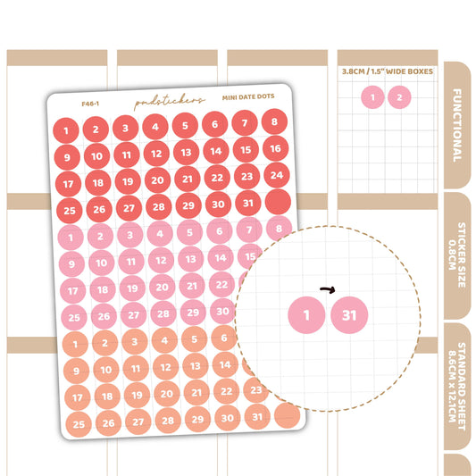 Coloured Sets Mini Date (1-31) Dot Stickers | Functional Planner Stickers | F46