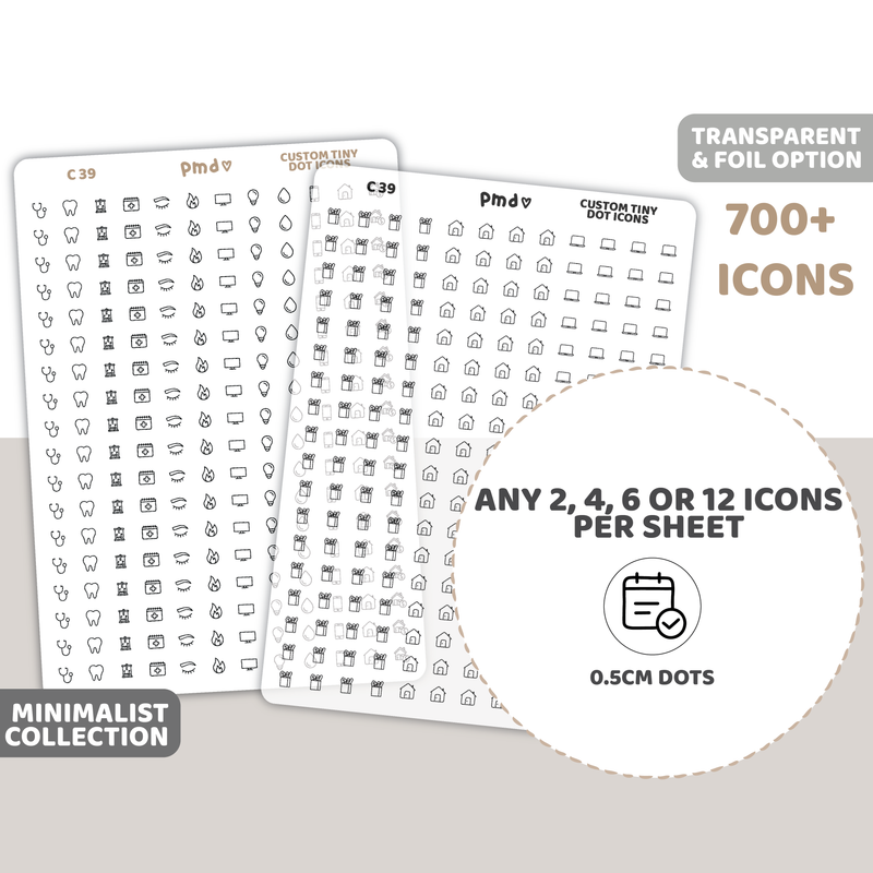 Custom Tiny Icon Dot Stickers | Any 2, 4, 6 or 12 Icons per sheet | Minimalist | C39