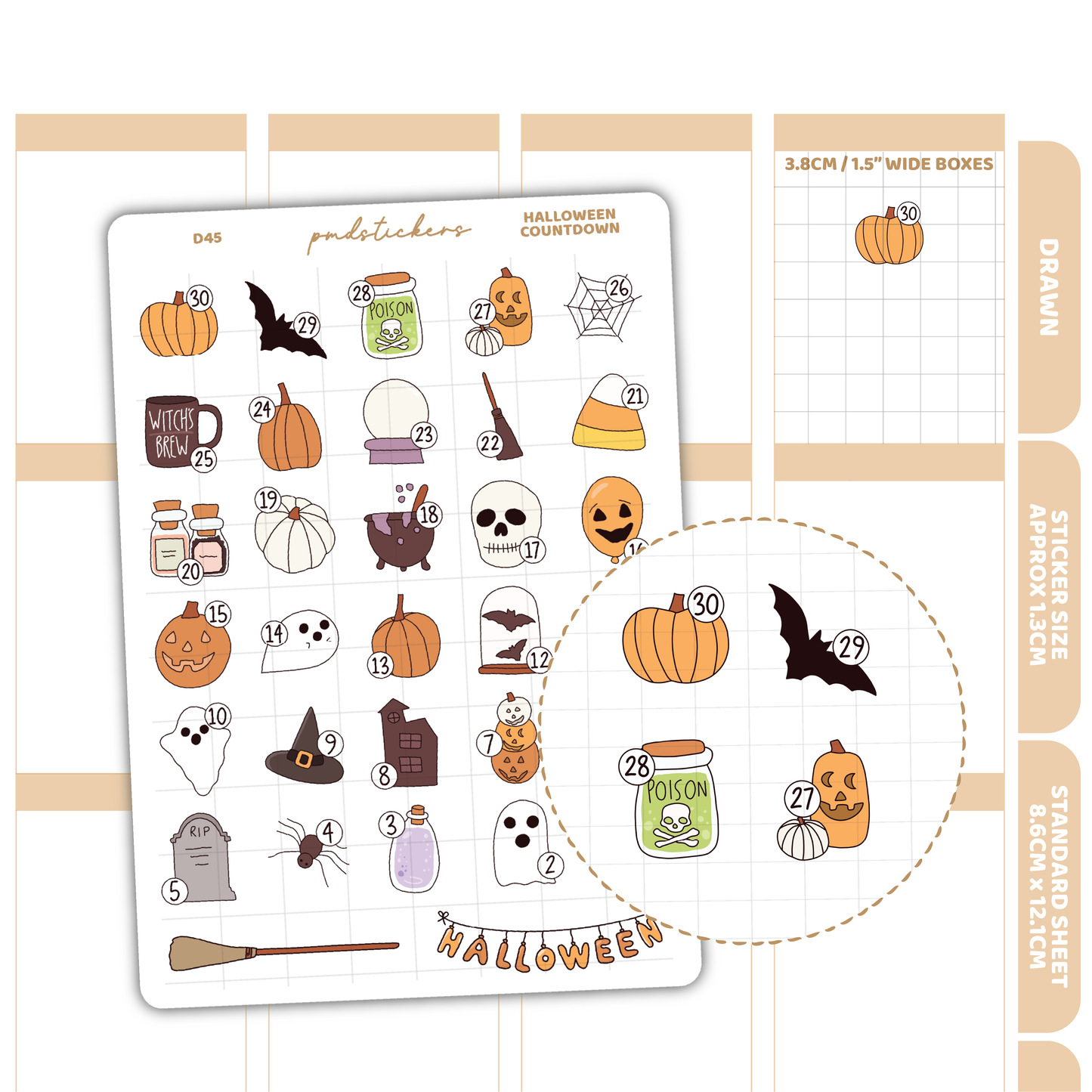 Halloween Countdown Stickers | Drawn Planner Stickers | D45