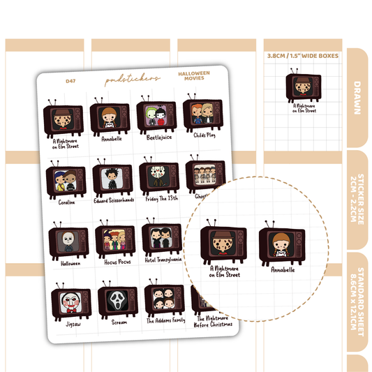 Halloween Movie Stickers | Drawn Planner Stickers | D47