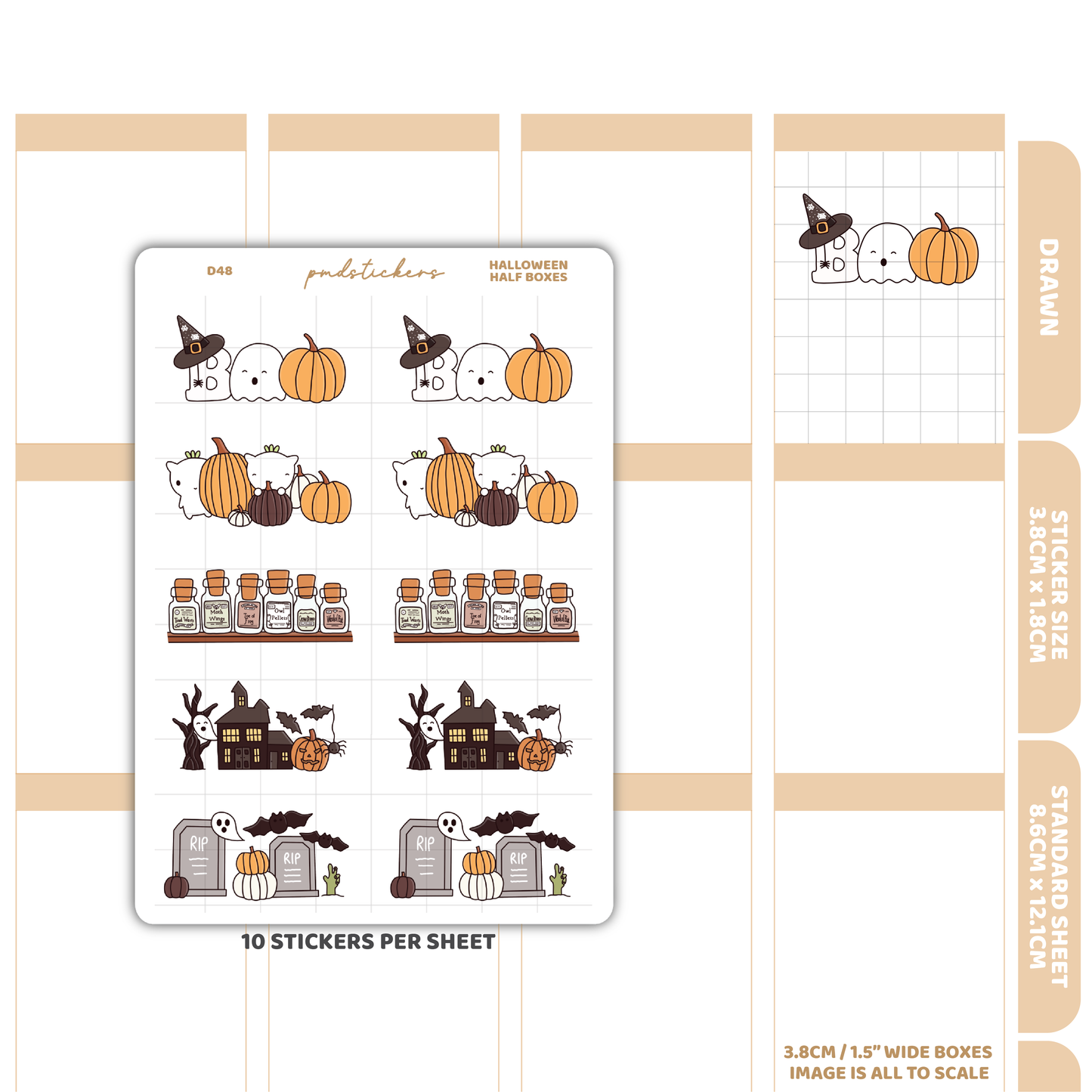 Halloween Half Box Stickers | Drawn Planner Stickers | D48