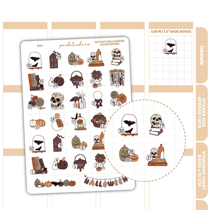 Witchy Halloween Countdown 2023 Stickers | Drawn Planner Stickers | D50