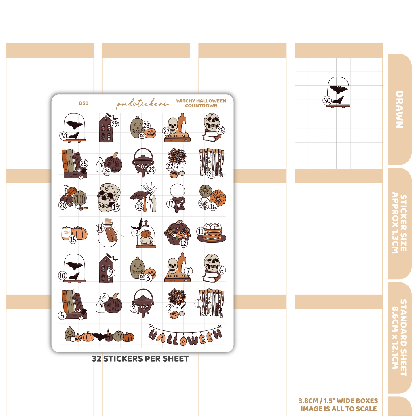 Witchy Halloween Countdown 2023 Stickers | Drawn Planner Stickers | D50