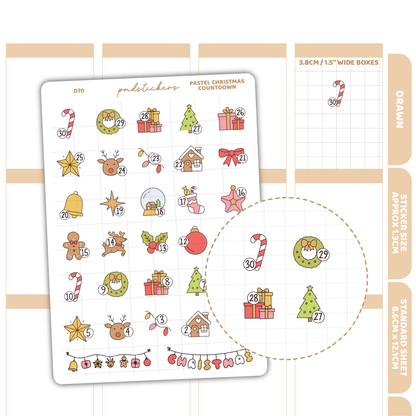 Pastel Christmas Countdown Stickers | Drawn Planner Stickers | D70