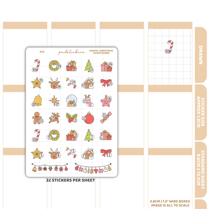 Pastel Christmas Countdown Stickers | Drawn Planner Stickers | D70