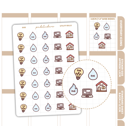 Utility Bills Everyday Icon Stickers | Planner Stickers | EI05