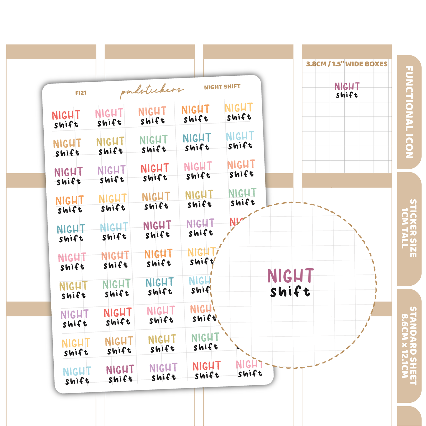 Night Shift Stickers | Functional Icon Planner Stickers | FI21