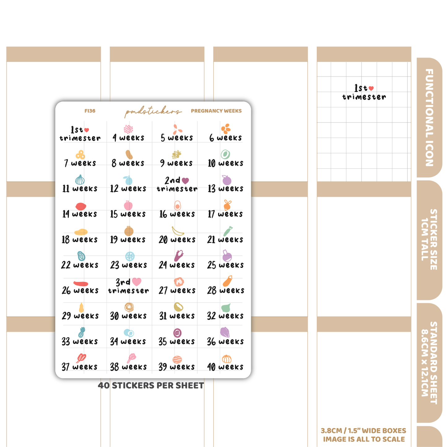 Pregnancy Weeks Stickers | Functional Icon Planner Stickers | FI36
