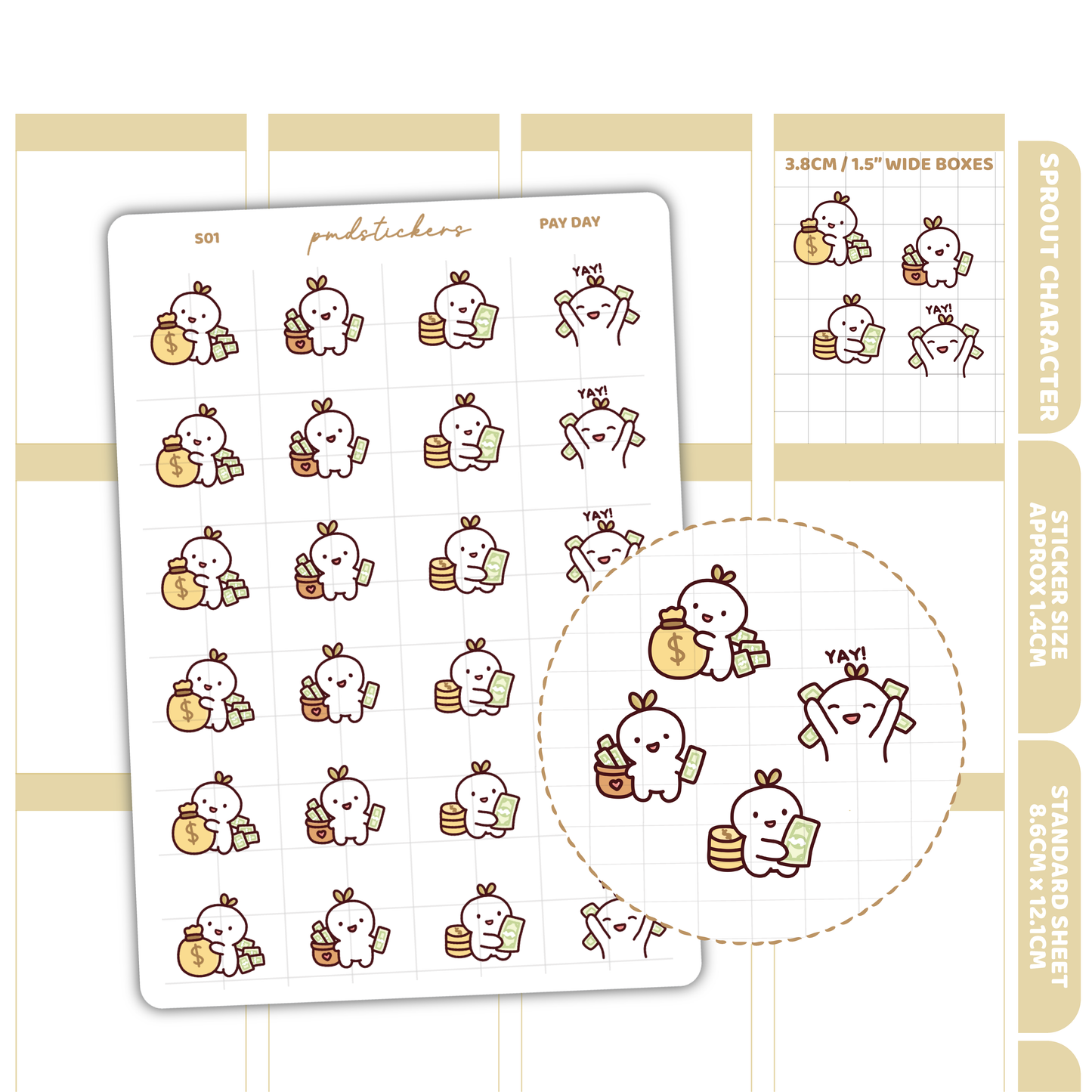 Pay Day Sprout Character Stickers | Planner Stickers | S01