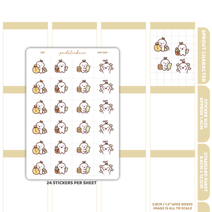Pay Day Sprout Character Stickers | Planner Stickers | S01