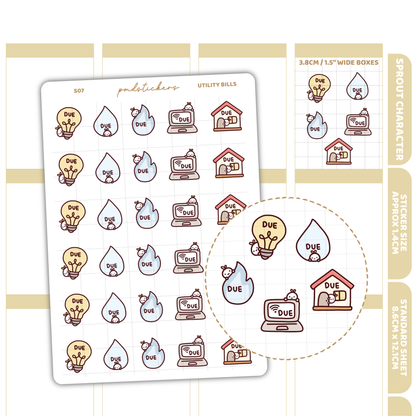 Utility Bills Sprout Character Stickers | Planner Stickers | S07