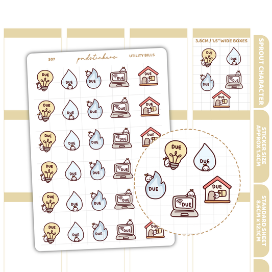 Utility Bills Sprout Character Stickers | Planner Stickers | S07
