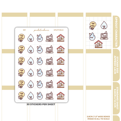 Utility Bills Sprout Character Stickers | Planner Stickers | S07