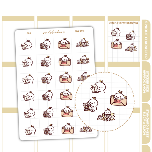 Bill Due Sprout Character Stickers | Planner Stickers | S08