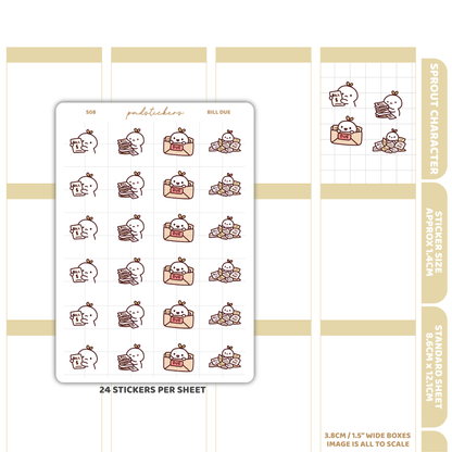 Bill Due Sprout Character Stickers | Planner Stickers | S08
