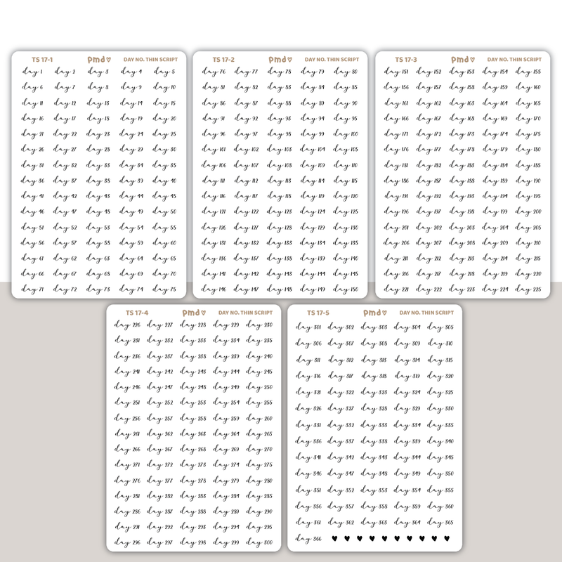 Day No. Thin Script Word Stickers | Minimalist | TS17(1-5)