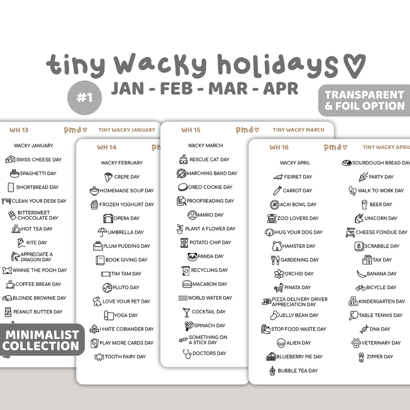 Tiny Wacky Holiday Stickers #1 | January, February, March & April Stickers | Minimalist | WH13-16(4)