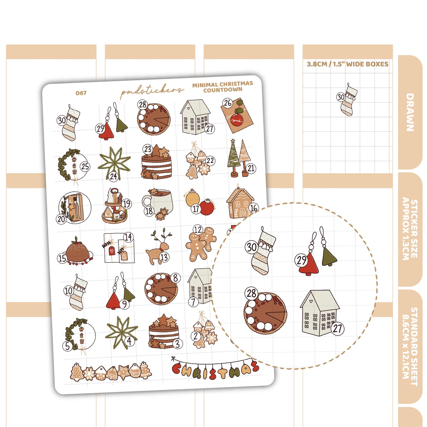 Christmas Minimal Countdown Stickers | Drawn Planner Stickers | D67