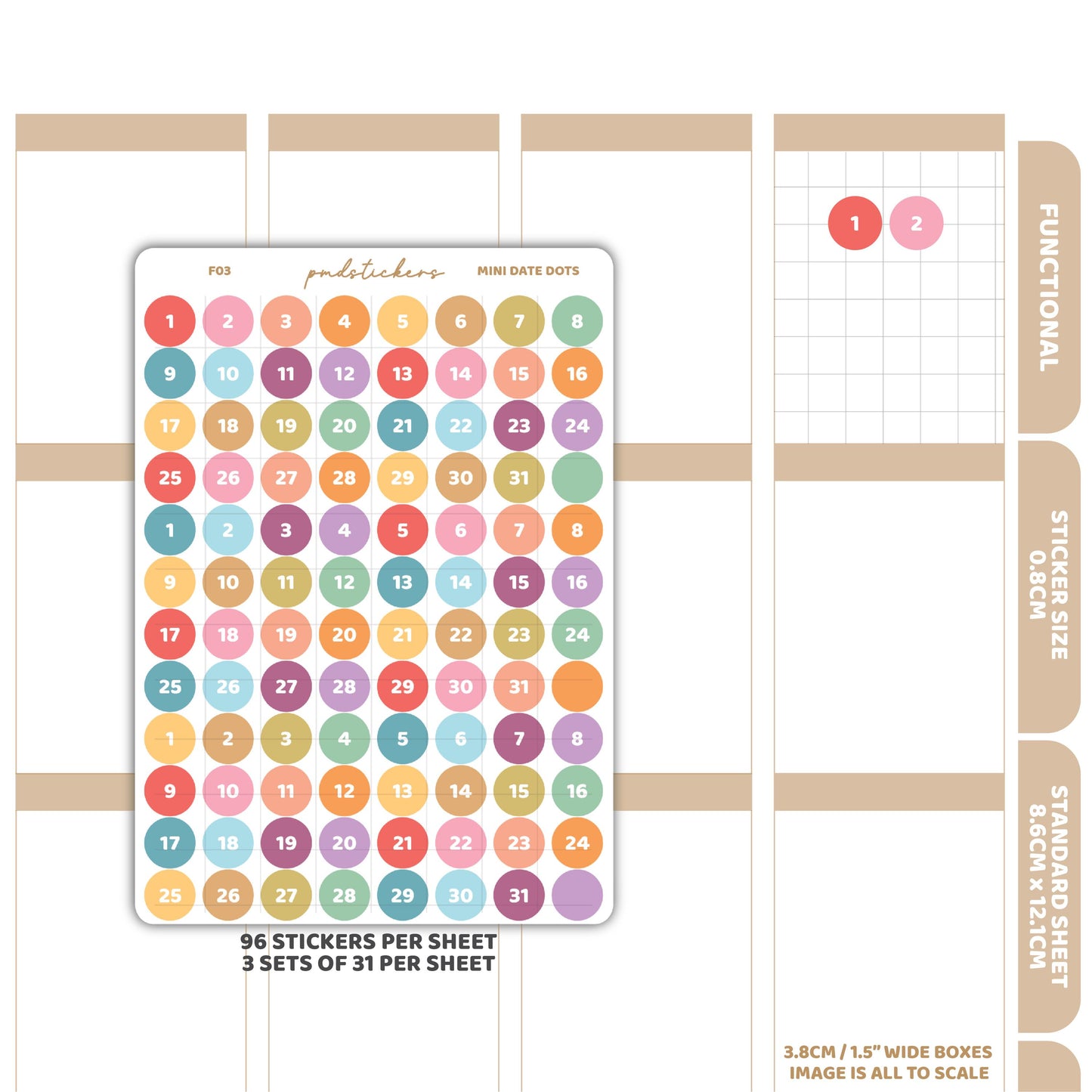 Mini Date (1-31) Dot Stickers | Functional Planner Stickers | F03