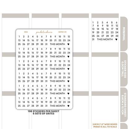 Date (1-31) Minimal Font Stickers | Minimal Planner Stickers | M04