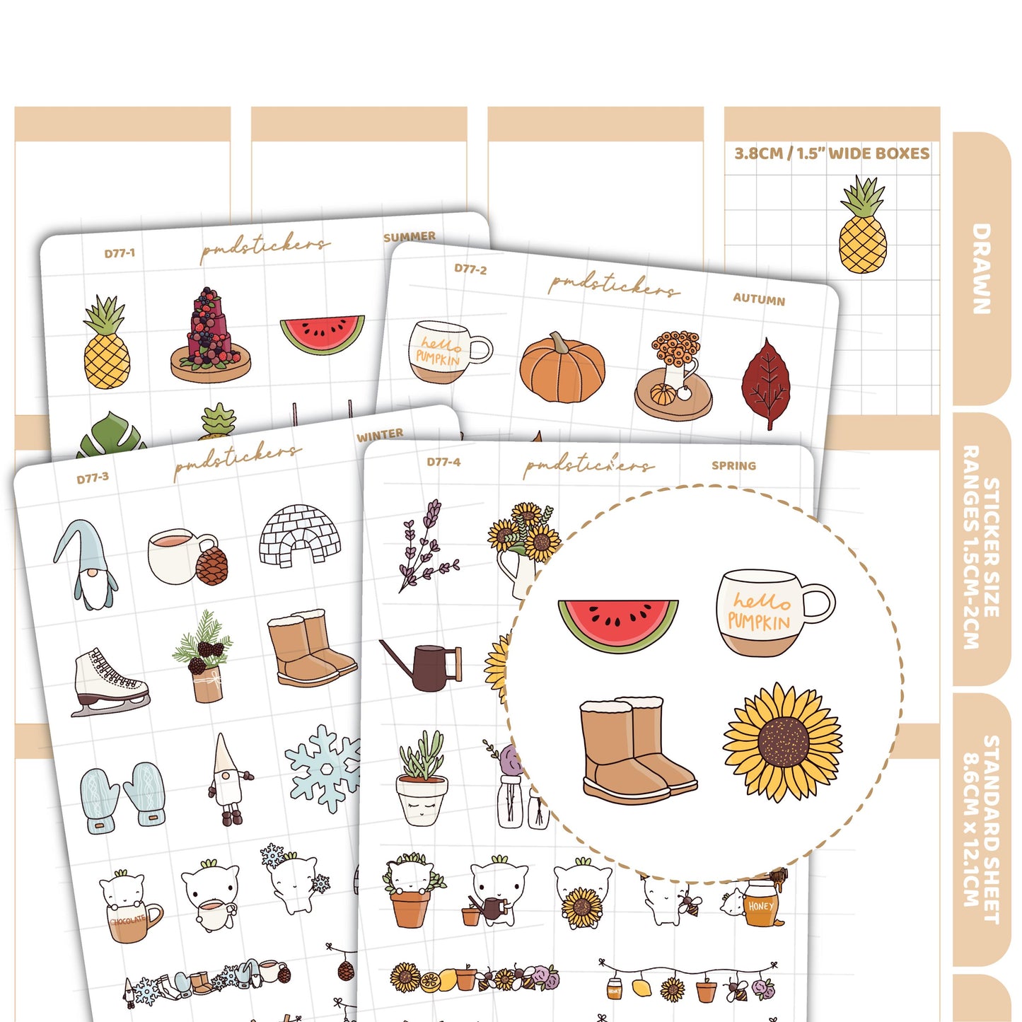 Season Stickers | Summer, Autumn/Fall, Winter & Spring | Drawn Planner Stickers | D77