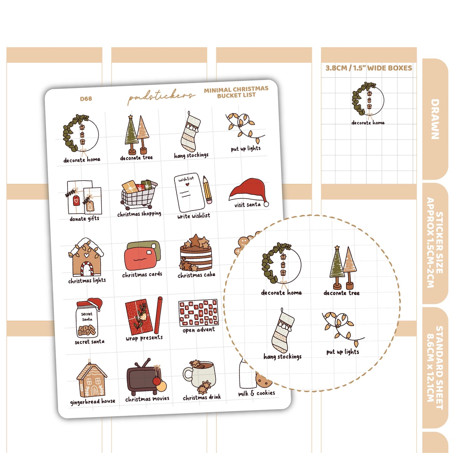 Christmas Minimal Bucket List Stickers | Drawn Planner Stickers | D68
