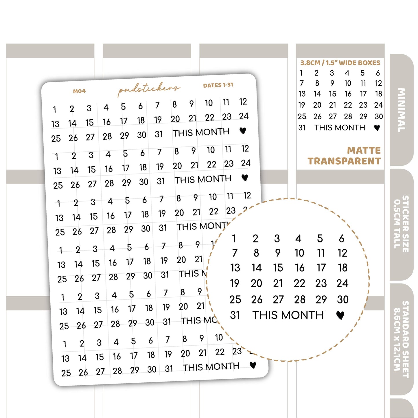 Date (1-31) Minimal Font Stickers | Minimal Planner Stickers | M04
