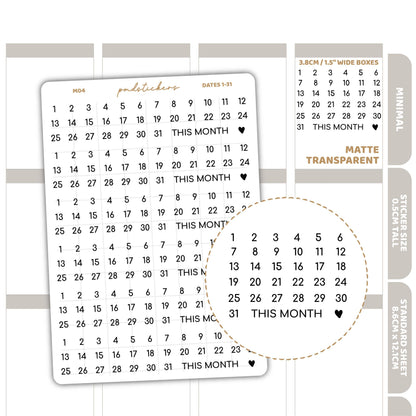 Date (1-31) Minimal Font Stickers | Minimal Planner Stickers | M04