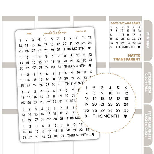 Date (1-31) Minimal Font Stickers | Minimal Planner Stickers | M04