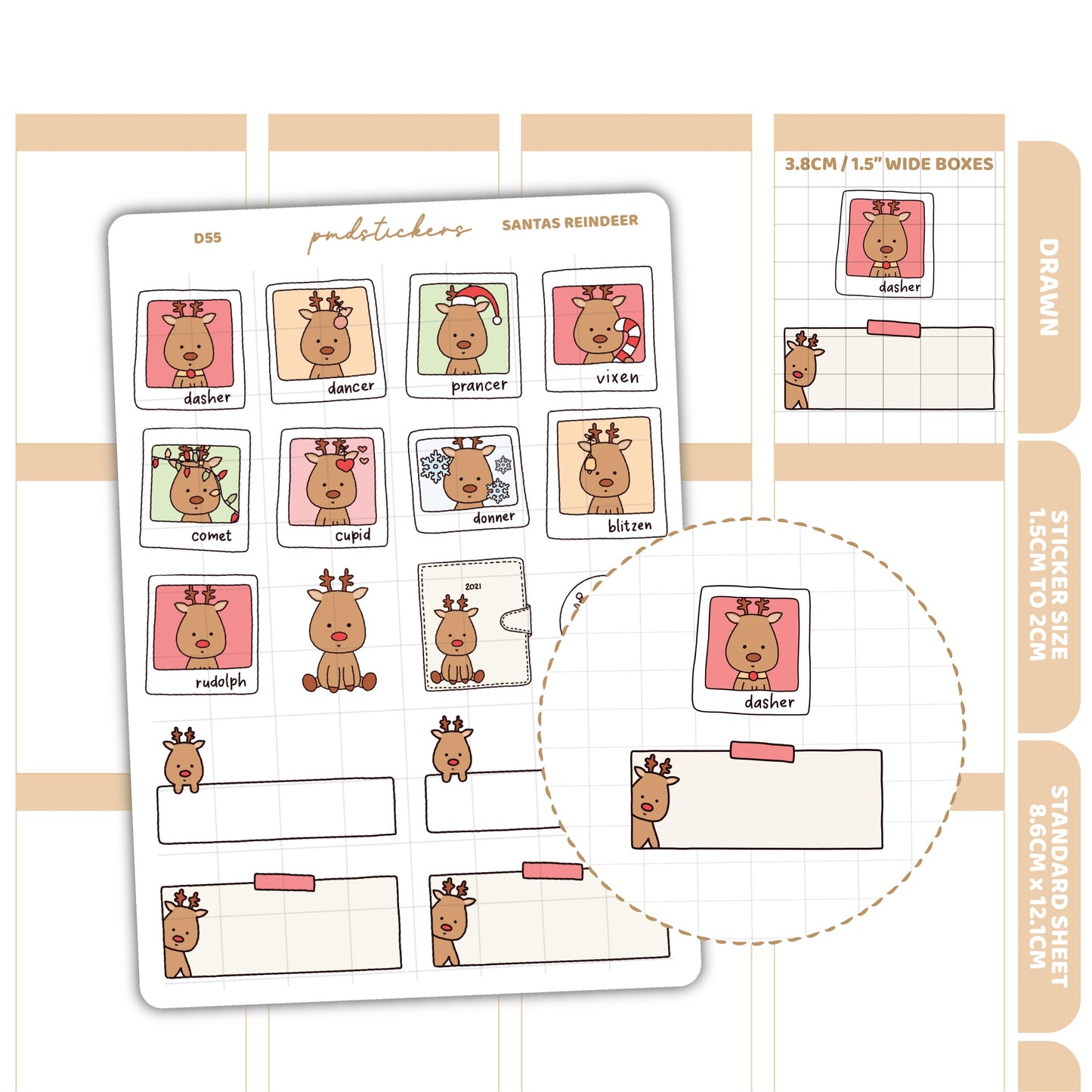 Santa's Reindeer Stickers | Drawn Planner Stickers | D55