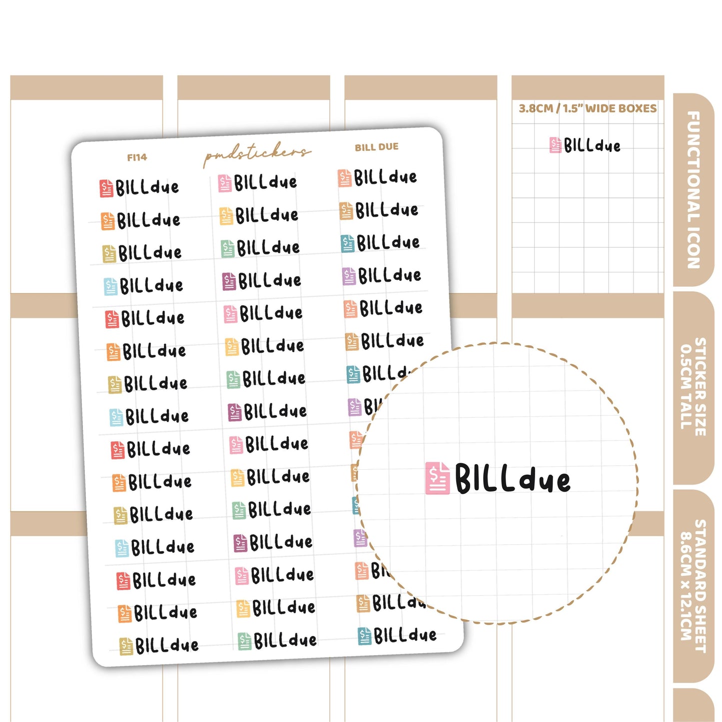 Bill Due Stickers | Functional Icon Planner Stickers | FI14