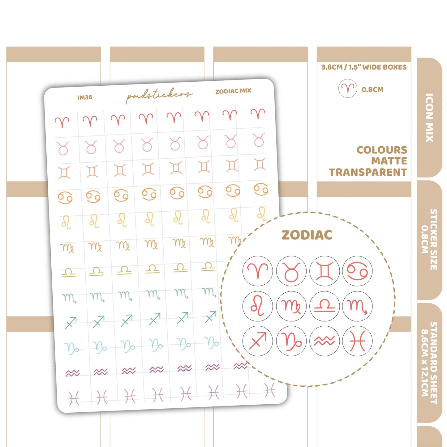 Zodiac Mix Icon Dot Stickers | Planner Stickers | IM36