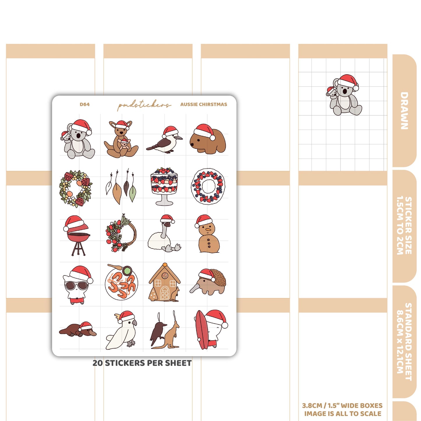 Christmas Aussie Stickers | Drawn Planner Stickers | D64