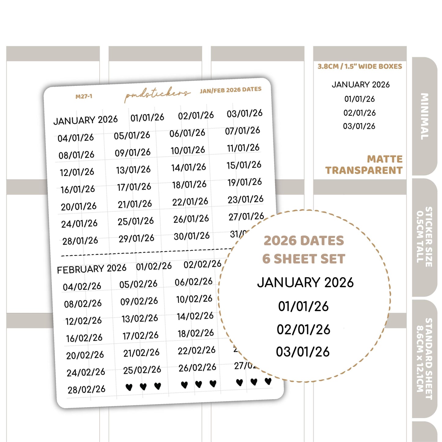 2026 Dates Minimal Font Stickers | Minimal Planner Stickers | M27(6)